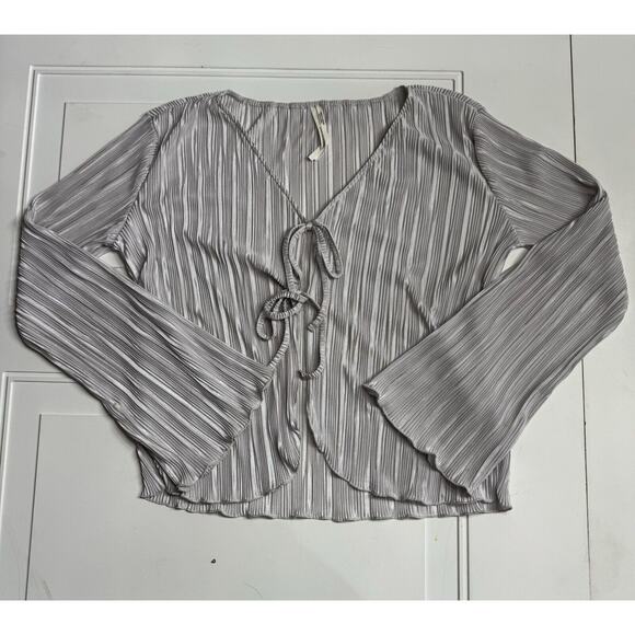 Anthropologie Tops - By Anthropologie Womens Shirt Small Gray Satin Open Wrap Tie Ribbed Bell Sleeve
